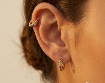 Multi Colour Zircon Gold Earrings, Rainbow CZ Hoops, Colourful Statement Earrings, Small Huggie Gold Hoop Earrings, Gift for Her