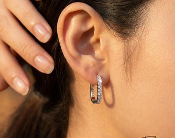 925 Sterling Silver • Oval Huggie Zircon Silver Hoop Earrings • Everyday Wear - WaterProof Jewellery
