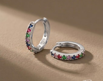 Multi Colour Zircon Silver Earring Stack, Rainbow CZ Hoops, Colourful Statement Earrings, Small Huggie Gold Hoop Earrings, Gift for Her