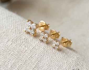 18K Gold Plated Clover Stud Earrings Stack, Stainless Steel, Minimalist Everyday Wear