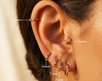 Multi Colour Zircon Gold Earrings, Rainbow CZ Hoops, Colourful Statement Earrings, Small Huggie Gold Hoop Earrings, Gift for Her