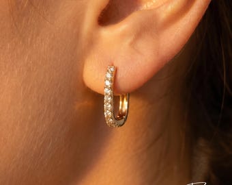 Oval Huggie Zircon Gold Hoop Earrings • 925 Sterling Silver • Everyday Wear