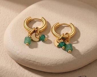 Orecchini a cerchio da donna in acciaio inossidabile placcato oro 18 carati, gioielli vintage con ciondoli in pietra naturale verde e impermeabili.