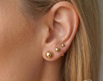 18K Gold Plated Earrings Stack, Ball Stud , Minimalist Everyday Wear, Gift for Her