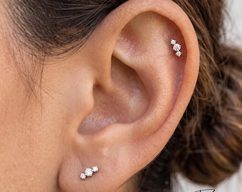 Implant Grade Titanium Triple CZ Stud Earring • Internally Threaded 16G Tragus Helix Conch Piercing