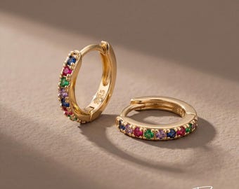 Multi Colour Zircon Gold Earrings, Rainbow CZ Hoops, Colourful Statement Earrings, Small Huggie Gold Hoop Earrings, Gift for Her