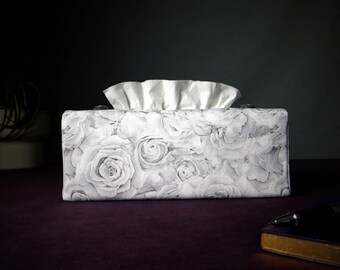 Housse rectangulaire en tissu pour boîte à mouchoirs - Motif Lit de roses gris clair