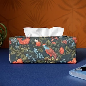 Rectangular Fabric Tissue Box Cover - Tropical Bird Garden Design on Linen