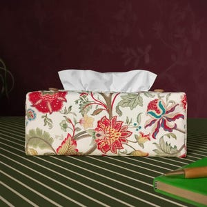 Rectangular Fabric Tissue Box Cover - Multi Colour Botanical Design on Linen