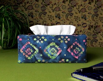 Fabric Rectangle Tissue Box Cover - Magenta and Green Diamonds on Blue