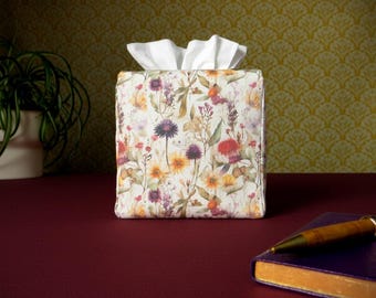 Cube Fabric Tissue Box Cover - Watercolour Wildflowers Design on Linen