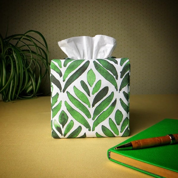 Fabric Square Tissue Box Cover - Green Watercolour Leaves