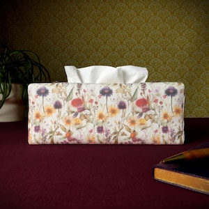 Rectangular Fabric Tissue Box Cover - Watercolour Wildflowers Design on Linen