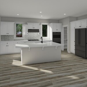 May include: A white kitchen with white cabinets, a white island, and stainless steel appliances. The kitchen has a large window with a view of the backyard.