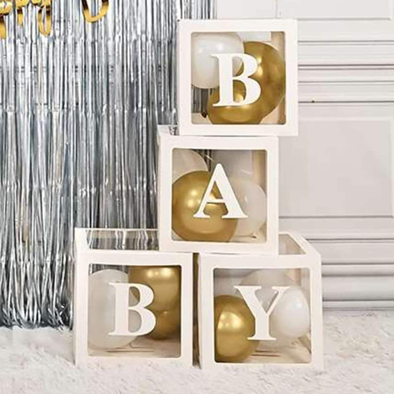 Baby Box, Baby Balloon Boxes, Baby Shower Baby Blocks with balloons, Gender Reveal Baby Shower Backdrop, Neutral baby shower decoration. White / Gold Balloon