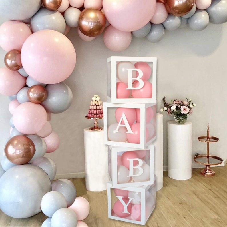 Baby Box, Baby Balloon Boxes, Baby Shower Baby Blocks with balloons, Gender Reveal Baby Shower Backdrop, Neutral baby shower decoration. Pink / White balloon