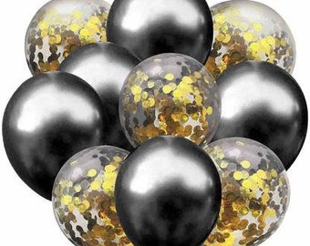 10 pcs Black balloons, Gold Confetti Balloons, Happy Birthday Balloons, Balloons, Black with gold balloon , Party decoration Balloons