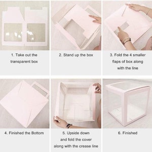 May include: A six-step guide on how to assemble a clear plastic box with a white cardboard base. The box is folded along the crease lines to create a square shape. The instructions are written in black text on a white background.