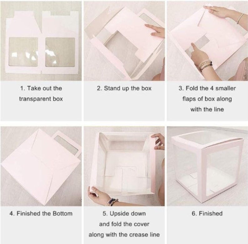 May include: A six-step guide on how to assemble a clear plastic box with a white cardboard base. The box is folded along the crease lines to create a square shape. The instructions are written in black text on a white background.