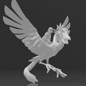 May include: A white 3D printed model of a mythical creature with wings, a long beak, and a rider on its back.