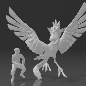 May include: A white 3D printed model of a bird-like creature with large wings, a long beak, and a spiky crest. The creature is standing on two legs and has a long tail. A smaller white 3D printed model of a person is standing to the left of the creature.