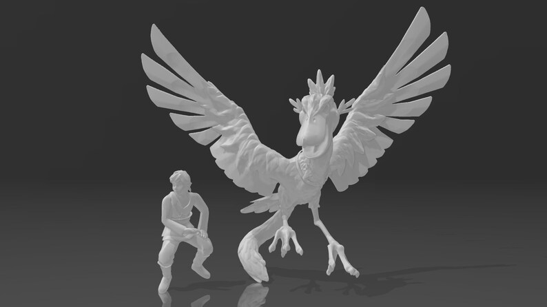 May include: A white 3D printed model of a bird-like creature with large wings, a long beak, and a spiky crest. The creature is standing on two legs and has a long tail. A smaller white 3D printed model of a person is standing to the left of the creature.