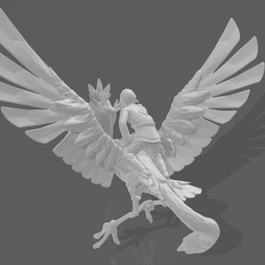 May include: A white 3D printed sculpture of a person riding a bird with outstretched wings.