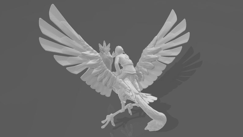 May include: A white 3D printed sculpture of a person riding a bird with outstretched wings.