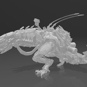 May include: A white, detailed, mechanical creature with a long tail and multiple appendages. The creature has a segmented body and appears to be made of metal.