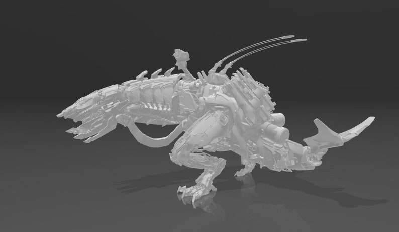 May include: A white, detailed, mechanical creature with a long tail and multiple appendages. The creature has a segmented body and appears to be made of metal.