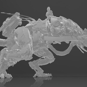 May include: A detailed, white, plastic model of a mechanical creature with a wolf-like head and a complex, articulated body.