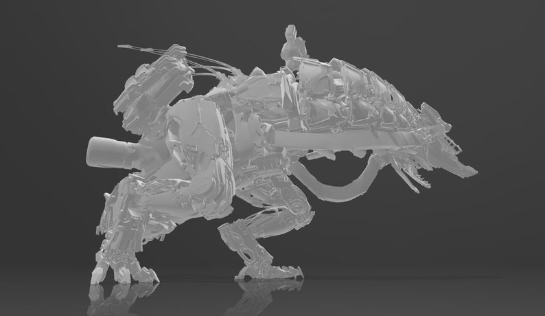 May include: A detailed, white, plastic model of a mechanical creature with a wolf-like head and a complex, articulated body.
