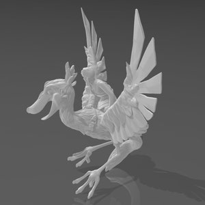 May include: A white, 3D printed figurine of a mythical creature with wings, resembling a griffin or a phoenix, with a human figure riding on its back.