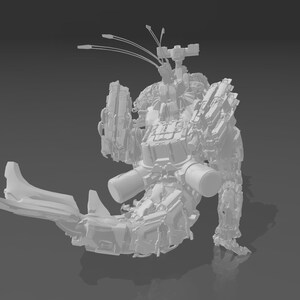 May include: A white, detailed, articulated, robotic figure with multiple appendages and a large, cylindrical body. The figure is posed in a dynamic, crouching position.