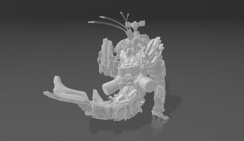 May include: A white, detailed, articulated, robotic figure with multiple appendages and a large, cylindrical body. The figure is posed in a dynamic, crouching position.