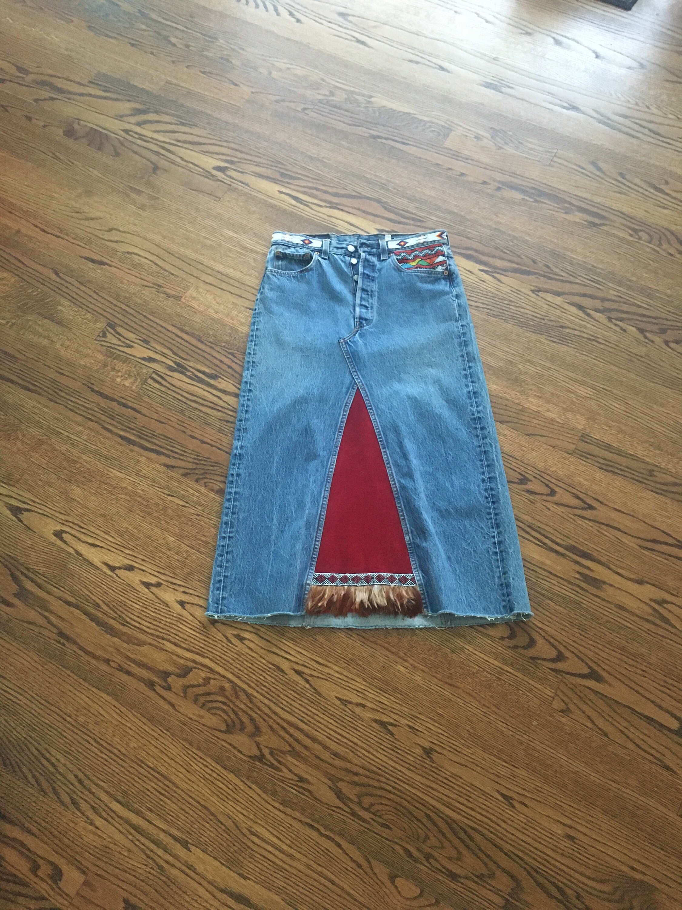 Levis 501 Xx Vintage Hand beaded Long Skirt With Red Suede and Feathers Etsy