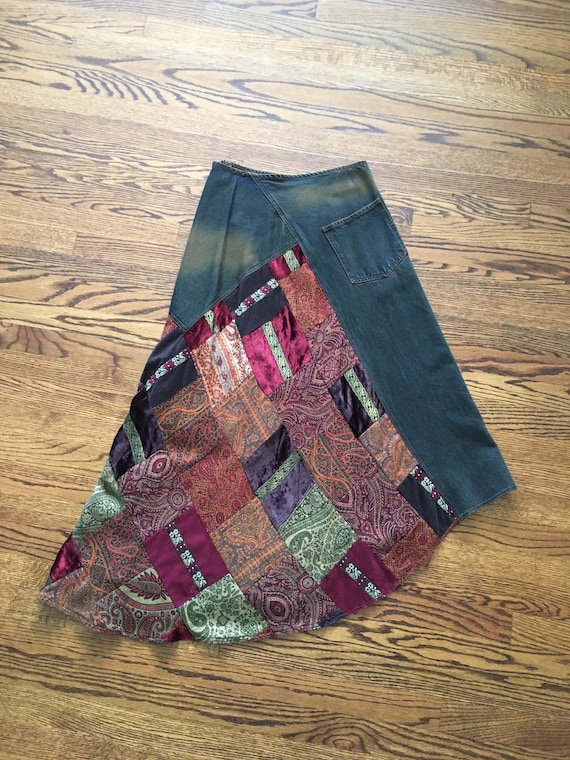 Vintage Asymmetrical Quilted and Patched Denim Sk… - image 1