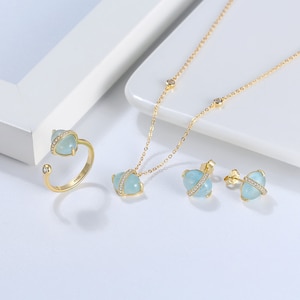 100% Natural Aquamarine Jewellery Set | Sterling Silver Jewellery | 18k Gold Vermeil | 3 in 1 Jewellery Set | Gem Jewellery Set