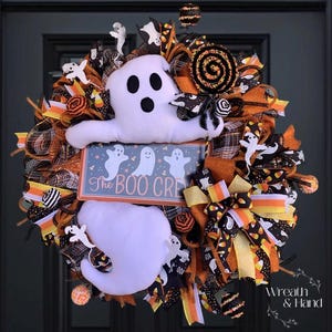 Ghost Halloween Wreath for Front Door,  Halloween Candy Corn Wreath, Black Orange Yellow Halloween Front Door Decor, Cute Ghost Wreath