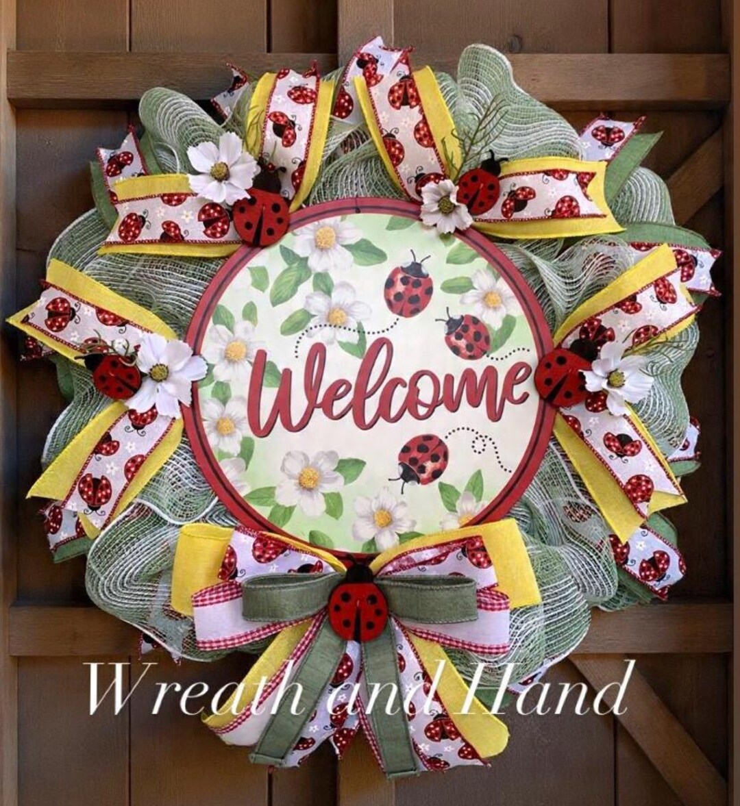 Ladybug Welcome Wreath, Spring Summer Front Door Decor, Daisy Ladybug ...