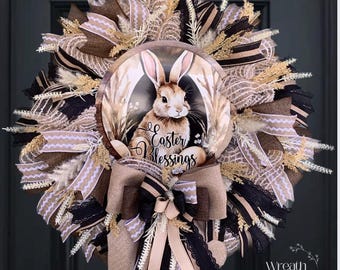 Neutral Easter wreath for front door, Boho wreath, Bunny wreath