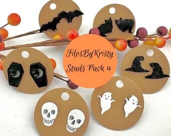 Studs Pack 4: Halloween Witch Hat, Skull, Cauldron, Bat, Spider and Cat Earrings svg for laser (DIGITAL file only)