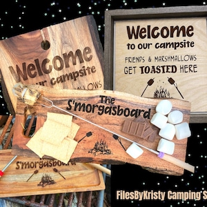 SET 2: Camping svgs for Charcuterie Boards for laser (digital file only) including Welcome to Our Campsite Where Friends...and S&#39;morgasboard