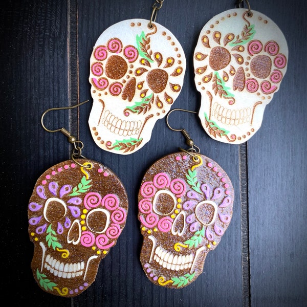 Boho Sugar Skull Earrings svg for Lasers with reverse engrave option  (DIGITAL file only)