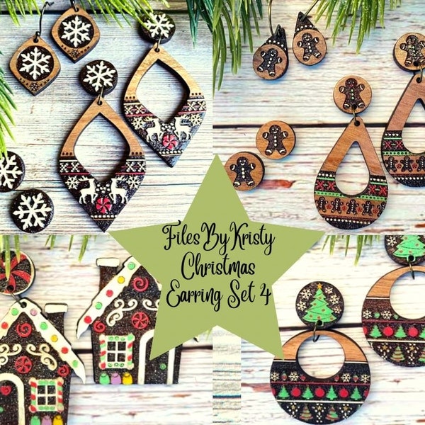 Christmas Earrings SET 4: Reverse Engrave svg for lasers (DIGITAL file only) includes reindeer & tree sweater, gingerbread man and house