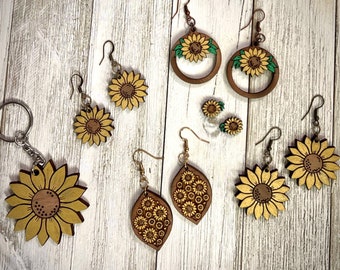 Sunflower Earrings & Keychain reverse engrave svg for laser (DIGITAL file only) Glowforge tested
