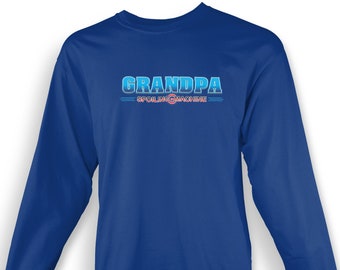 May include: A royal blue long-sleeved t-shirt with the text "Grandpa Spoiling Machine" in blue and pink lettering.