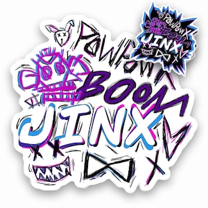 Könnte beinhalten: Ein weißer Aufkleber mit einem cartoonartigen Design. Er zeigt das Wort "JINX" in großen Buchstaben, zusammen mit "BOOM" und anderem Gekritzel. Das Design enthält blaue, violette und schwarze Farben, mit einem kleinen Hasen und einer stilisierten Explosion.