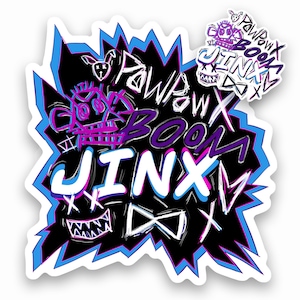 Könnte beinhalten: Ein Aufkleber mit schwarzem Hintergrund und blau-weißer Umrandung. Der Aufkleber zeigt das Wort "JINX" in Weiß mit blauem und rosa Schatten, zusammen mit den Worten "PAW PAW BOOM" in Weiß und Lila. Zusätzliche grafische Elemente sind ein Hase und ein Totenkopf.