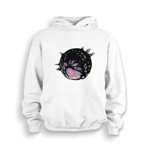 May include: White hoodie with a black and iridescent graphic of a sphere with a complex pattern on it.